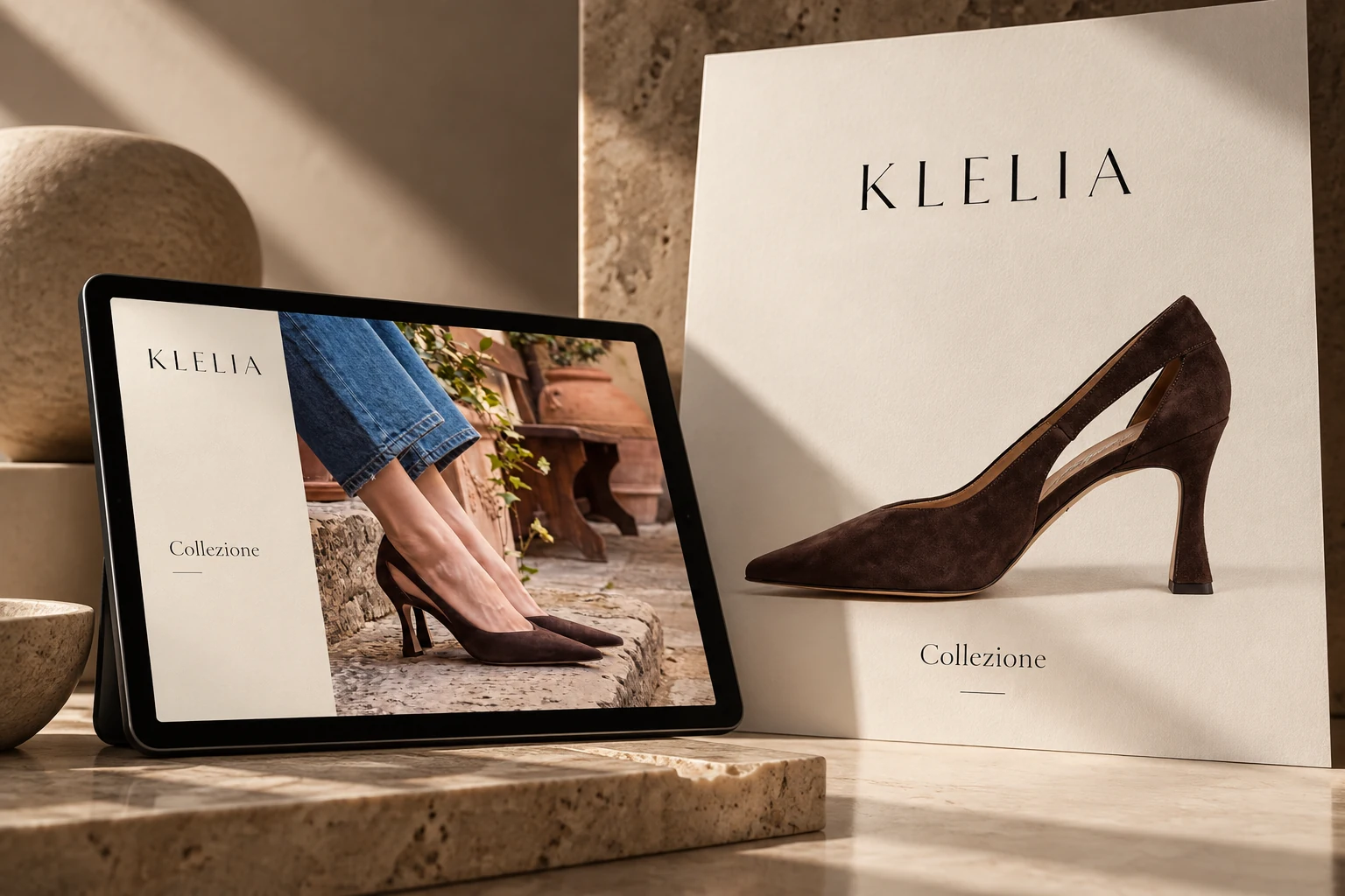Mockup Klelia: editoriale calzature su tablet e stampa