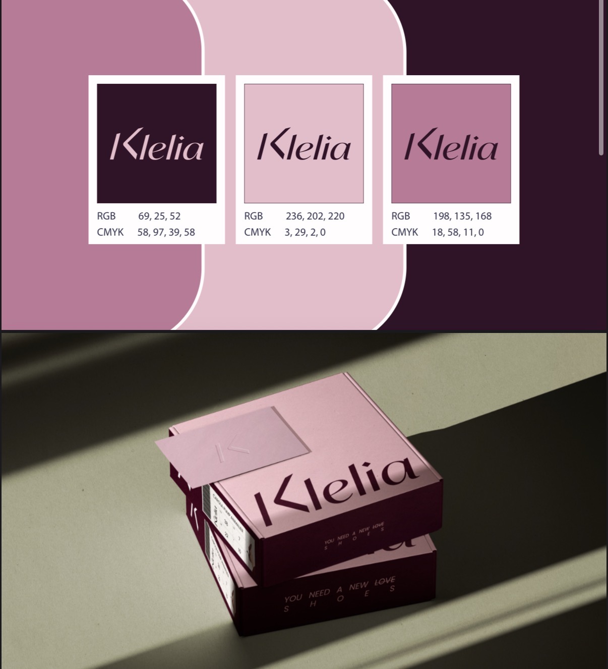 Identità Klelia: palette rosa e bordeaux e applicazione al packaging