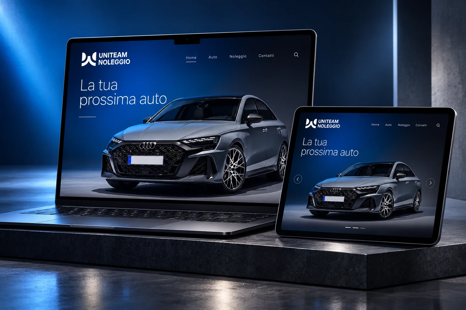 Mockup Uniteam: vetrina automotive su laptop e tablet